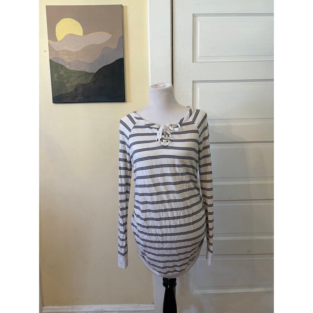 Long sleeve maternity top stripes fisherman white navy crisscross tie tunic mini